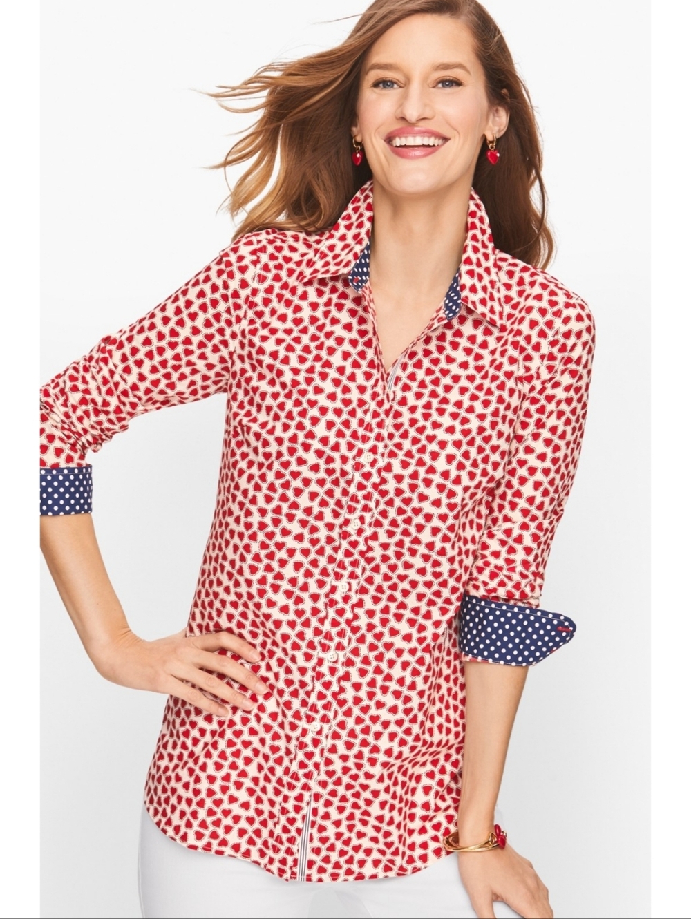 Talbots The Classic Cotton Shirt Heart Print Size M